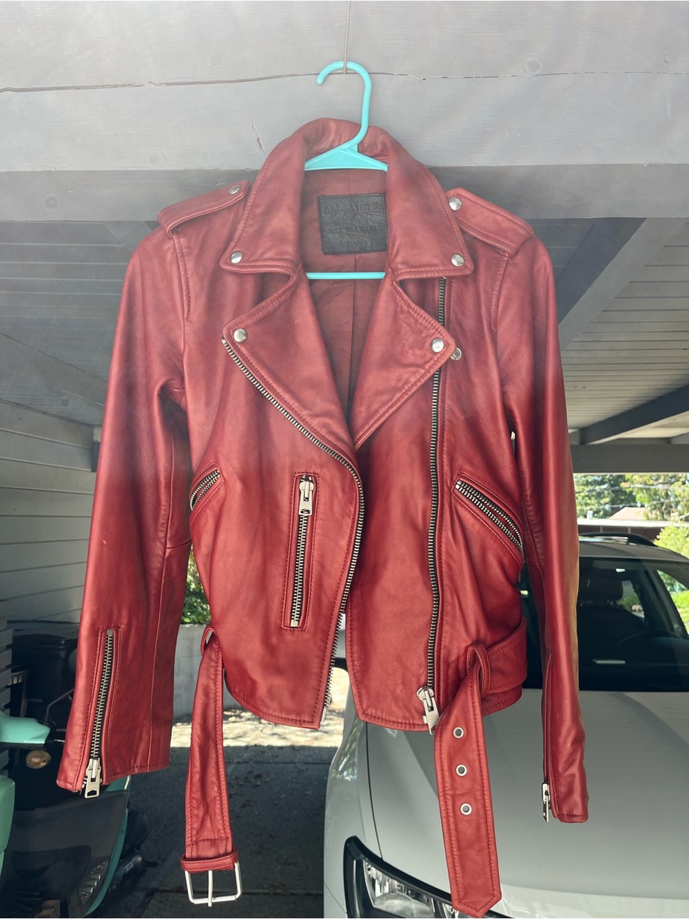 All Saints Red Leather Moto Jacket with Silver Hardware